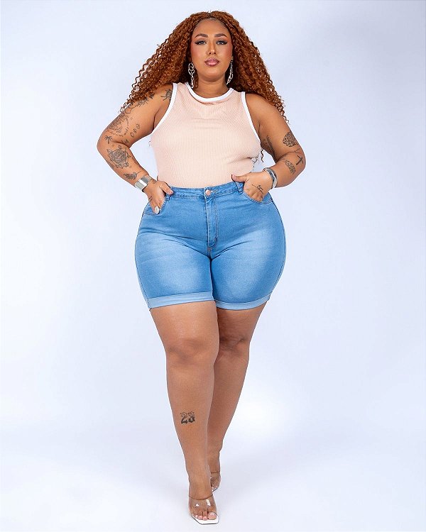 Shorts Meia Coxa Jeans Plus Size Leidneia