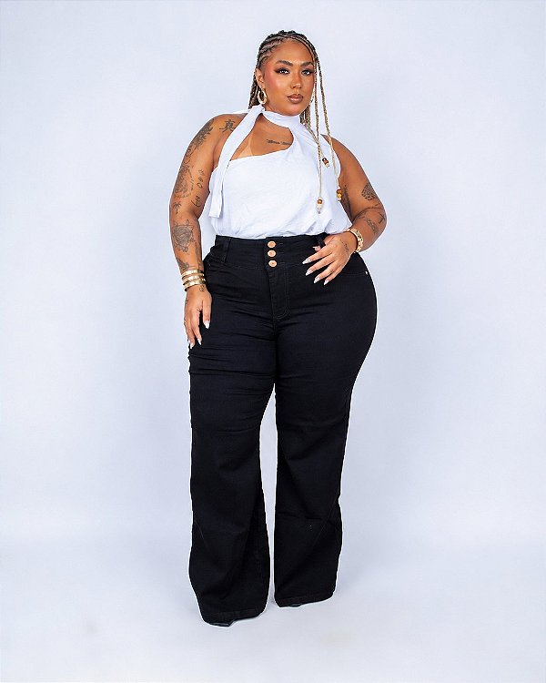 Calça Jeans Plus Size Wide Leg Pantalona Alisse
