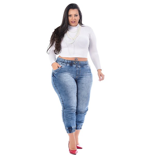 Calça Jeans Xtra Charmy Plus Size Jogger Sumiko Azul