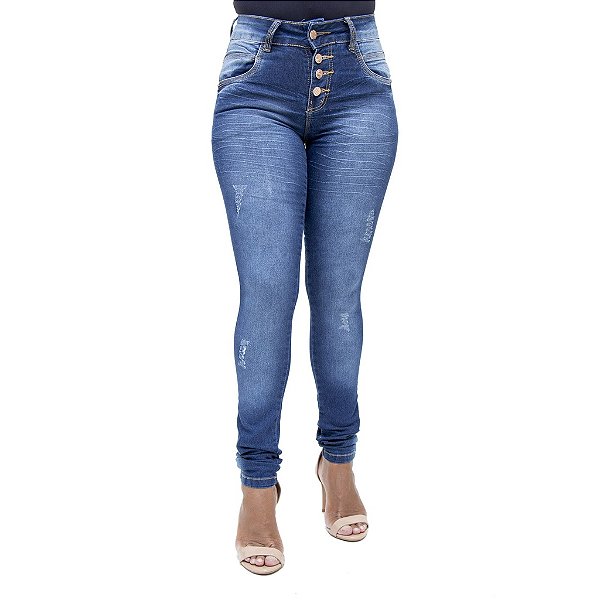 Calça Jeans Feminina Legging Deerf Escura Hot Pants com Cintura Alta