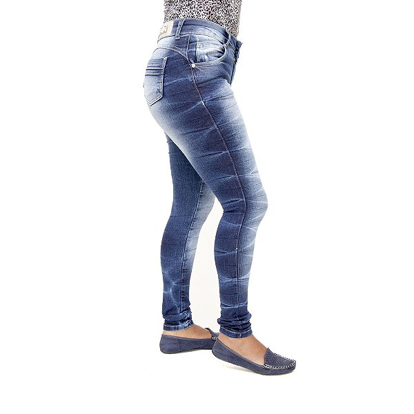Calça Jeans Feminina Legging Deerf Azul Manchada Hot Pants com Cintura Alta