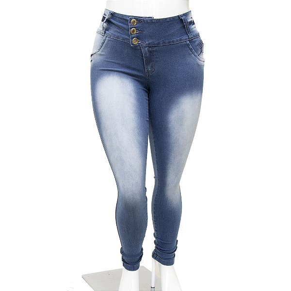 Calça Jeans Feminina Legging Helix Manchada Plus Size Cintura Alta com Elástico