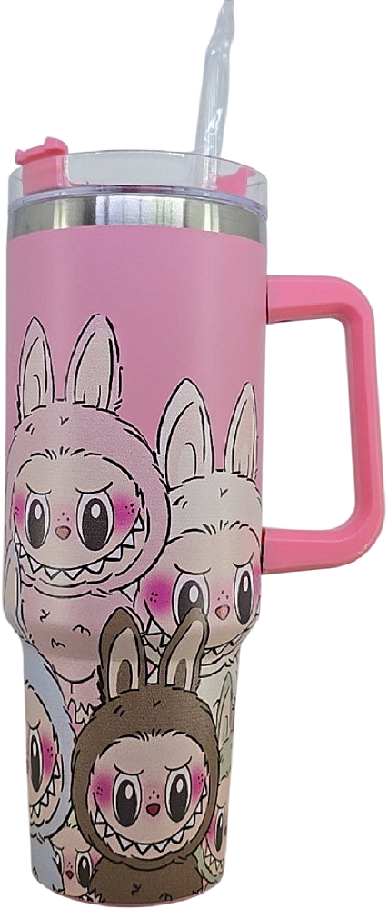 Copo Térmico Rosa B Labubu Com Alça E Canudo 1,2 L Premium