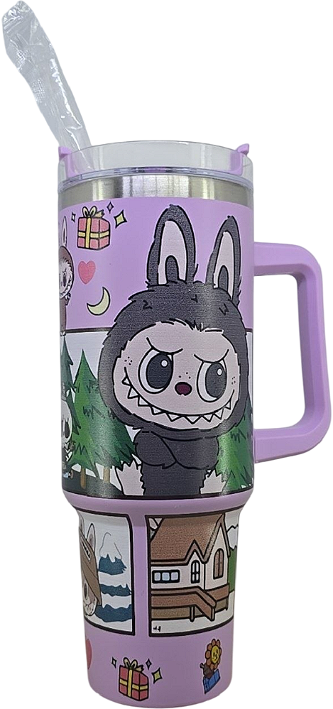 Copo Térmico Lilás B Labubu Com Alça E Canudo 1,2 L Premium