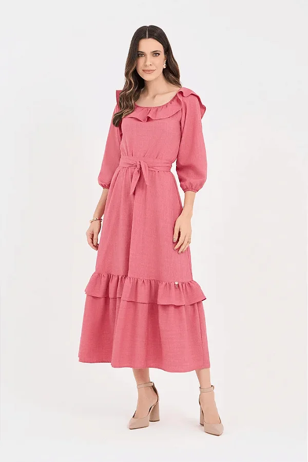 Vestido Rosê Midi Godê Com Babado