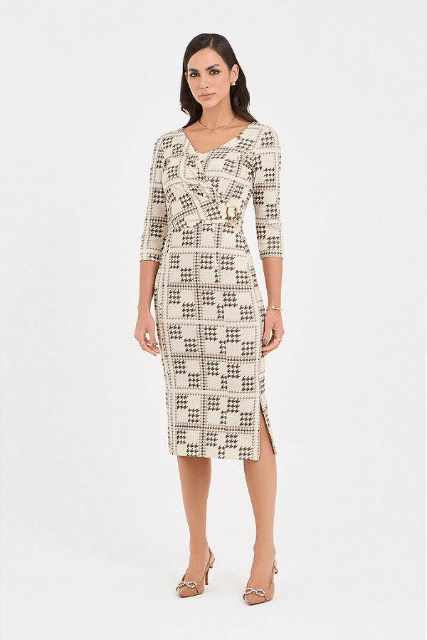Vestido Midi Justo Estampado Marrom