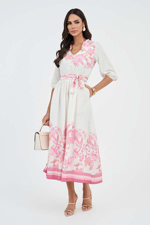 Vestido Rosa Estampado Midi Godê