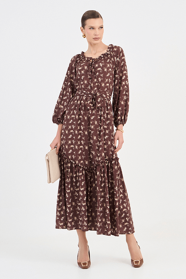 Vestido Marrom Longuete Estampado Com Mangas Longas