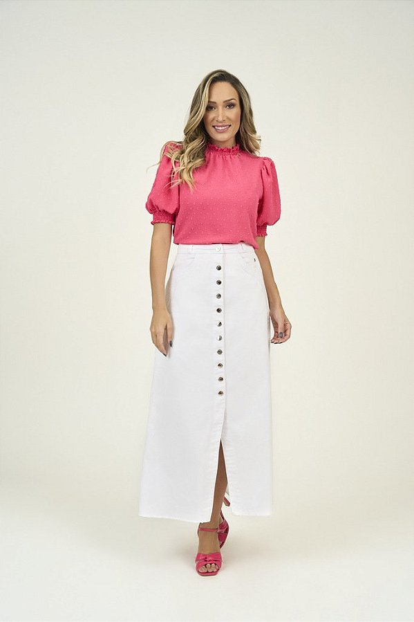 Saia Jeans Com Botões Frontais Branco Via Tolentino