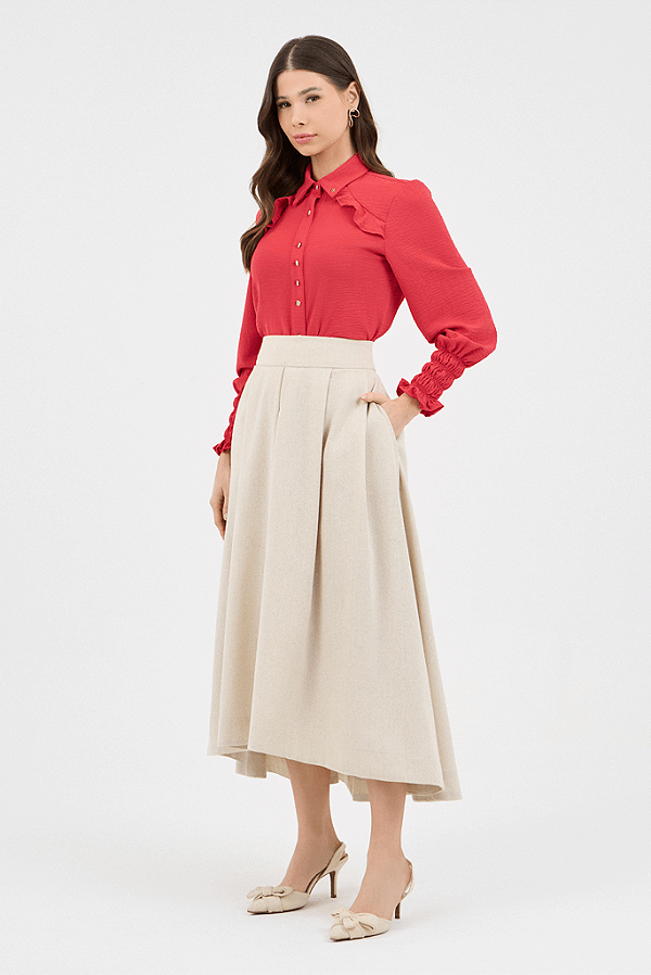 Saia Cru Midi Em Linho Com Pregas Mullet