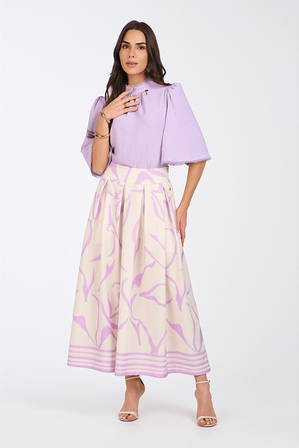 Saia Lilás Estampada Godê Com Pregas