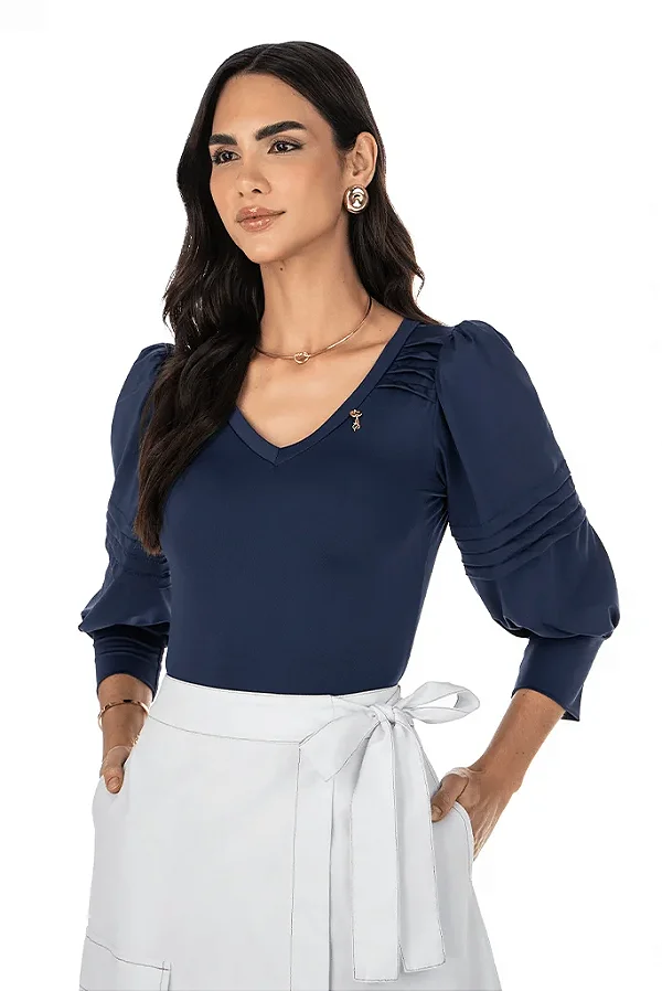 Blusa Em Malha Ajustada Com Pregas Azul Marinho Via Tolentino