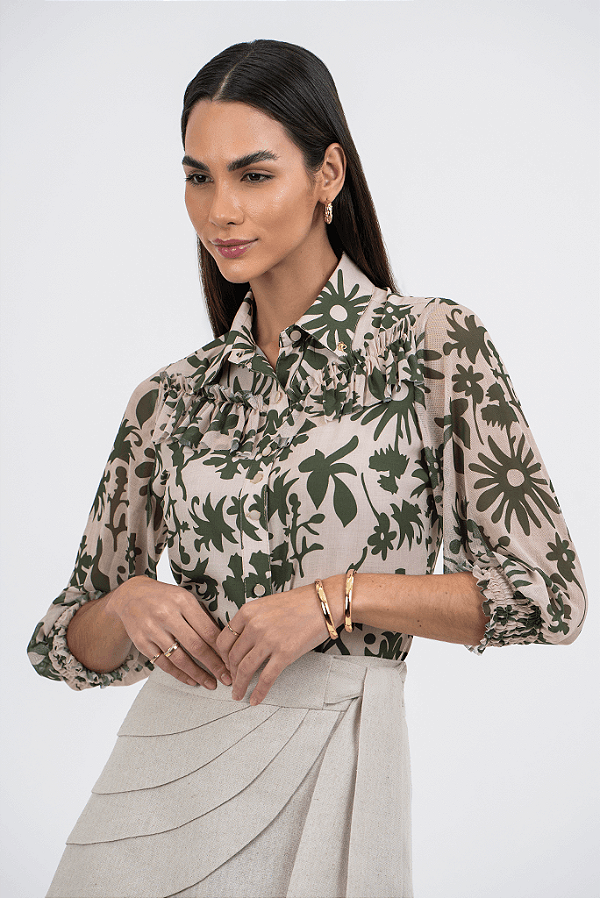 Camisa Estampada Mangas Bufantes De Tule Via Tolentino