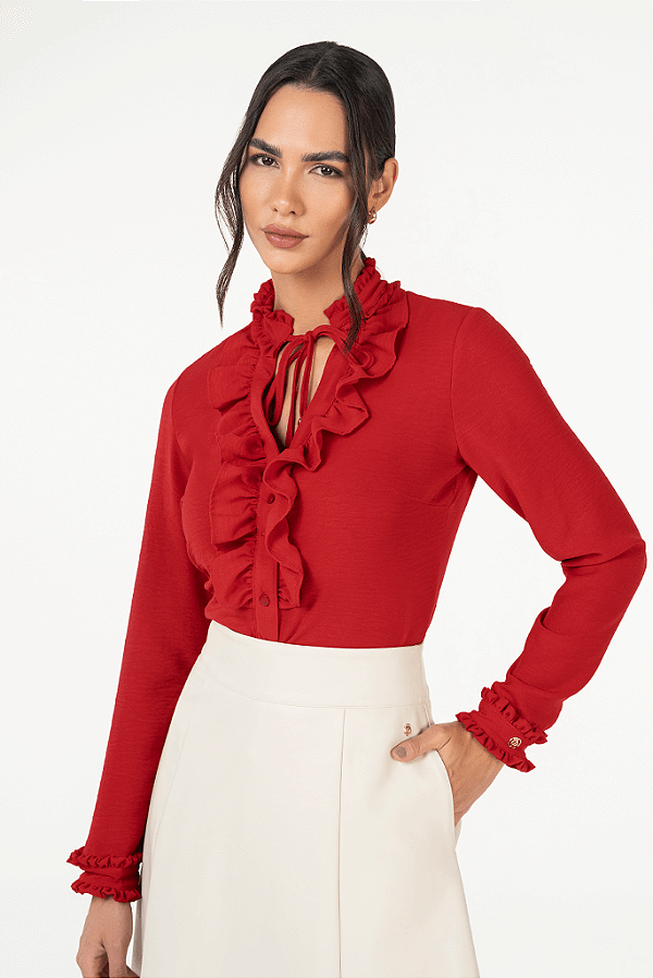 Camisa Vermelho De Crepe Com Detalhes De Babados Via Tolentino