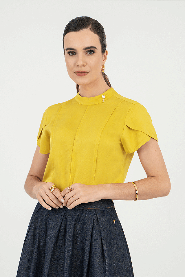 Blusa Feminina Mangas Curta Tulipa Amarelo Via Tolent