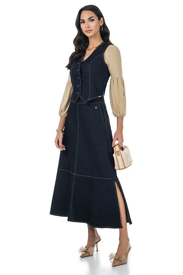 Conjunto Midi Jeans Com Bolsos E Recortes Via Tolentino