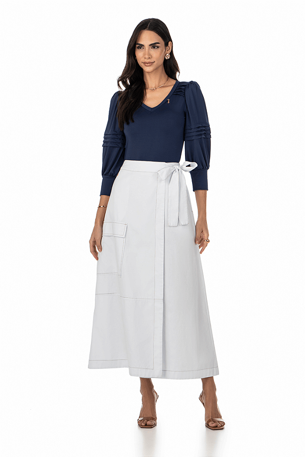 Saia Em Sarja Transpassada Com Bolso Cargo Branca Via Tolentino