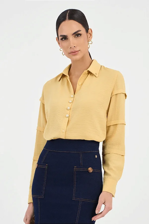 Camisa Amarela Plano E Mangas 3 4 Com Pregas