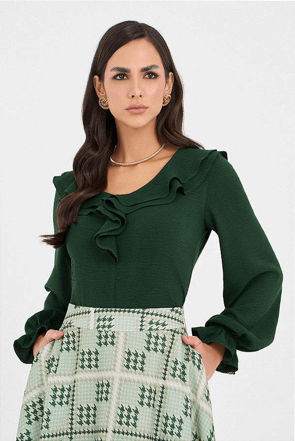 Blusa Rose Decote V Com Babado E Mangas Longa