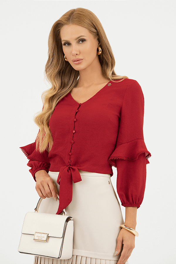 Blusa Vermelho Plano Com Amarracao E Mangas 3 4