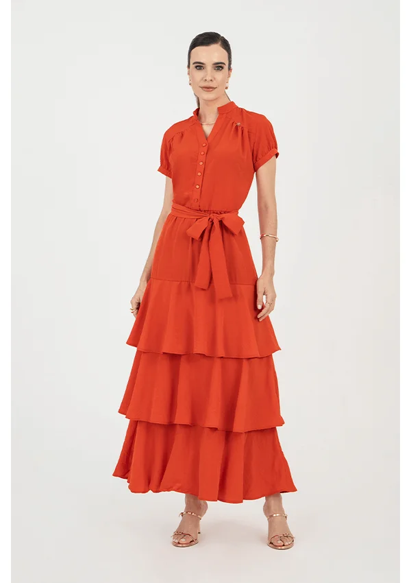 Vestido Longuete Com Babados E Lastex Na Cintura Via Tolentino