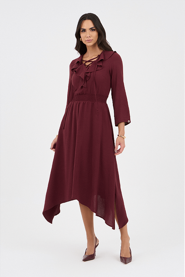 Vestido Vinho Longuete Com Elastico No Cos