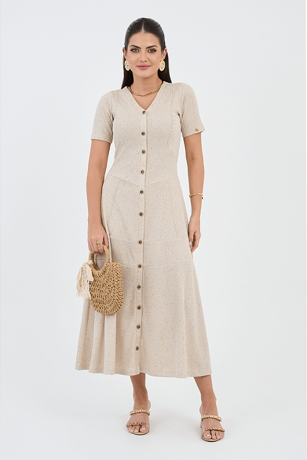 Vestido Cru Midi Em Malha Com Recortes Evase