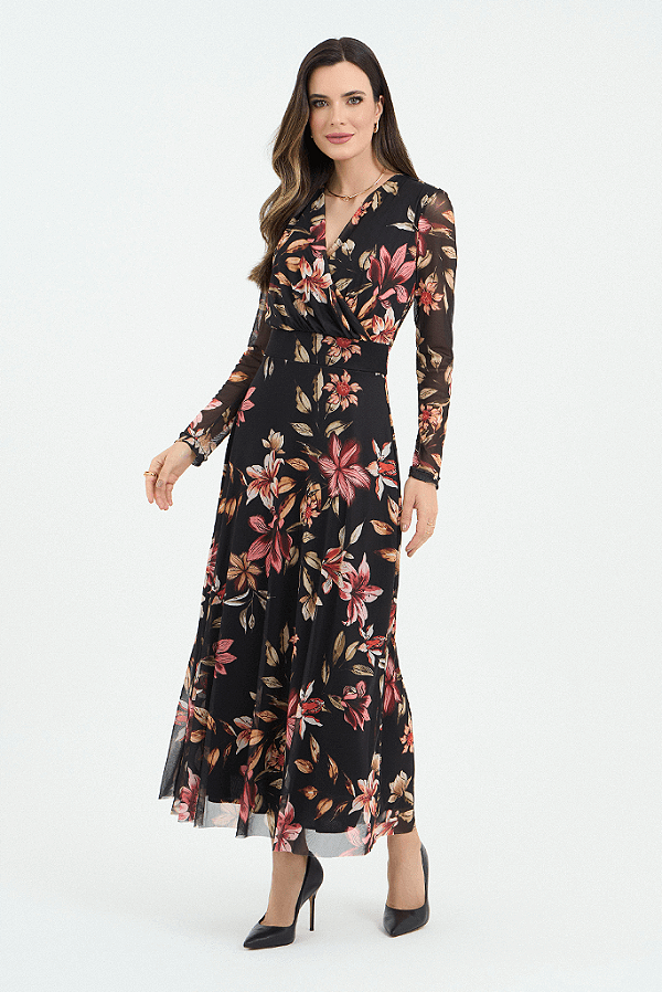 Vestido Preto Estampado Em Tule Longuete