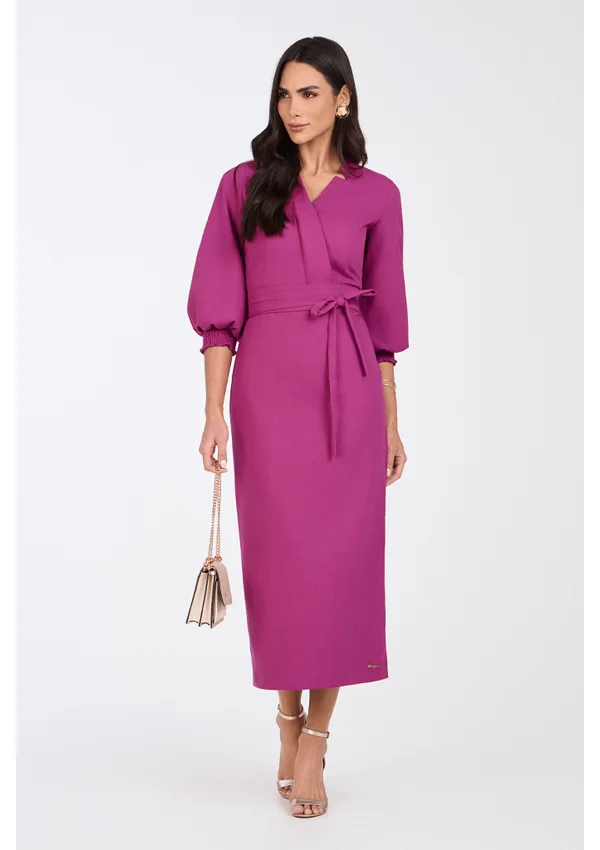 Vestido Fucshia Reto Midi Em Linho Transpassado