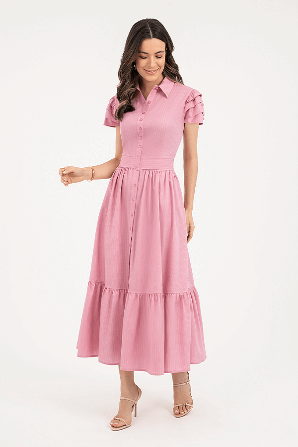 Vestido Chemise Midi Listrado Com Babados Via Tolentino