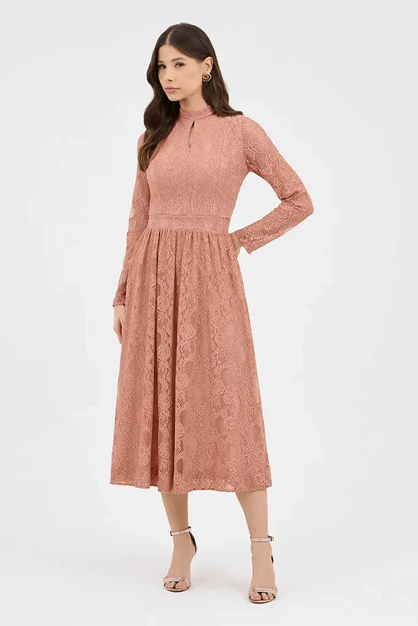 Vestido Rose Midi Em Renda Gode Gola Alta