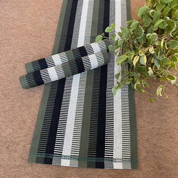 Trio Tapete Boho Listras Verde, Preto & Cru - 1,40m x 0,45cm