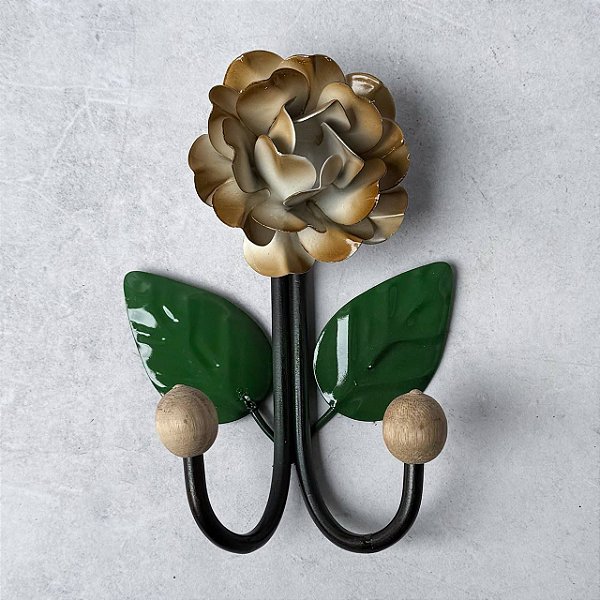 Gancho de Ferro Flor 2 ponteiras - Flor Off White Envelhecida