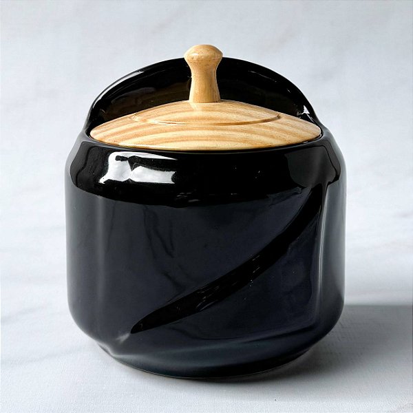 Saleiro de Cerâmica com Tampa de Madeira - Preto