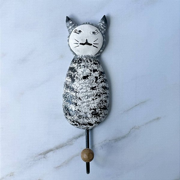 Quadrinho Decorativo em Forma de Gato Pintado com Gancho de Ferro