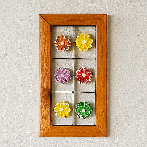Quadro Decorativo de Ferro e Madeira com Flores Coloridas
