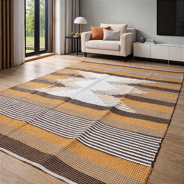 Tapete Sala 2m x 1,5m - Marrom, Cappuccino e Mostarda