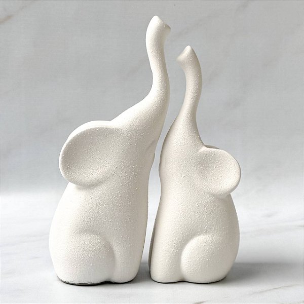 Dupla Elefantes de Cerâmica Encaixe - Branco Textura Cimento