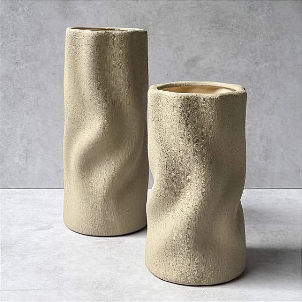 Dupla Vasos de Cerâmica Texturizada Ornamental - Cimento