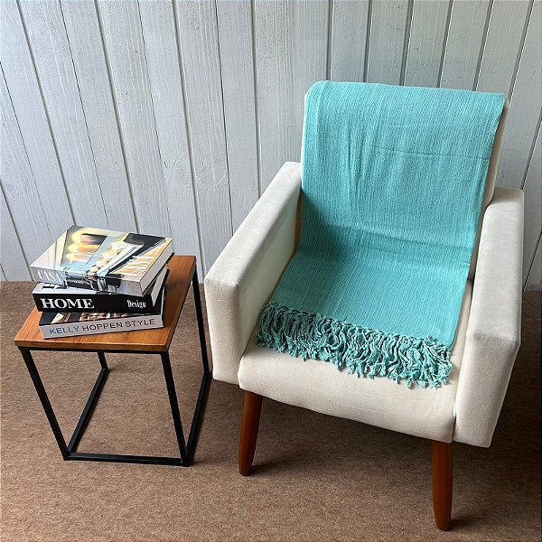 Manta M Verde Tiffany com mescla cru - 1,80m x 2,40m