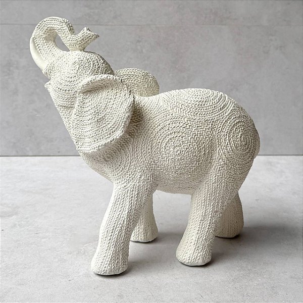 Elefante Decorativo de Gesso – Branco Tromba pra cima