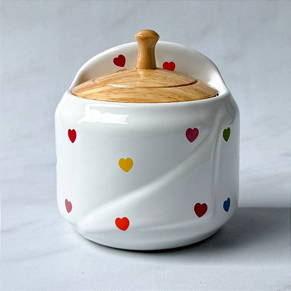 Saleiro de Cerâmica com Tampa de Madeira - Coração Colorido
