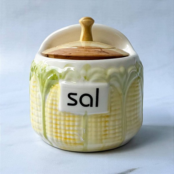 Saleiro de Cerâmica com Tampa de Madeira - Milho