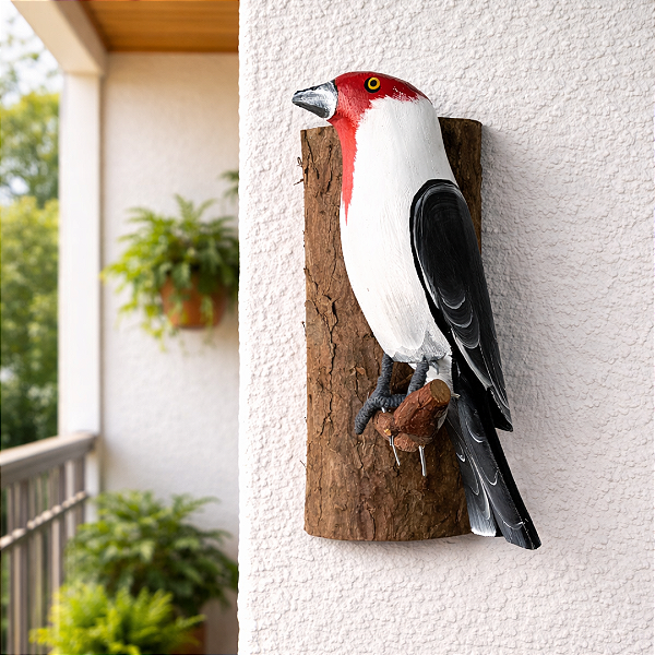 Pássaro Preto, branco e vermelho de Madeira no Galho