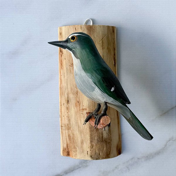 Pássaro Verde & Branco de Madeira no Galho