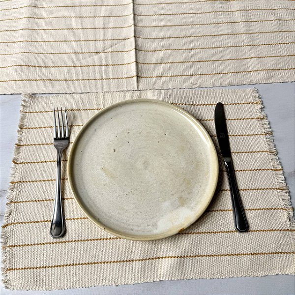 Jogo americano 7 peças - Cru com listras Mostarda