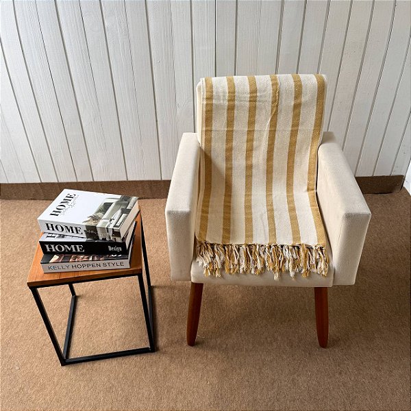 Manta M Cru com listras mostarda - 1,80m x 2,40m