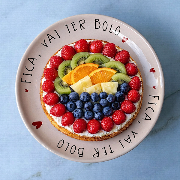 Boleira de Cerâmica 22cm - Rosa "Fica, vai ter bolo"