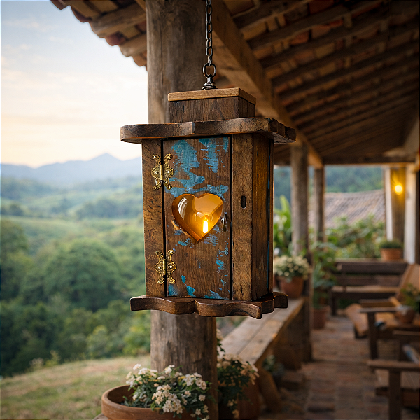 Lanterna Rústica Artesanal de Madeira Maciça - PEÇA EXCLUSIVA