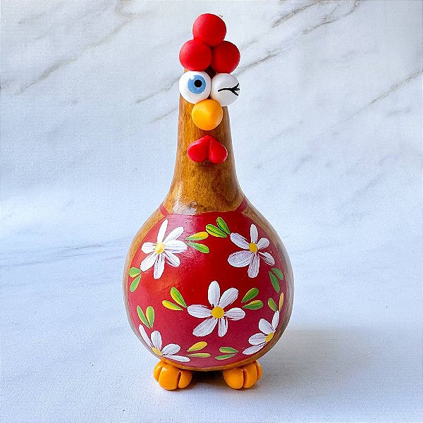 Galinha em Cabaça - Avental Vermelho e Flor Amarela